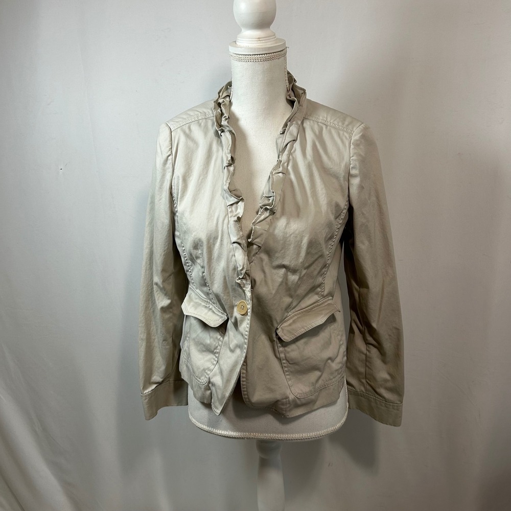 Talbots Petites Ruffle Front Blazer Jacket‎ Beige Cotton Blend Career
